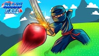 a cartoon ninja with a sword and a red ball